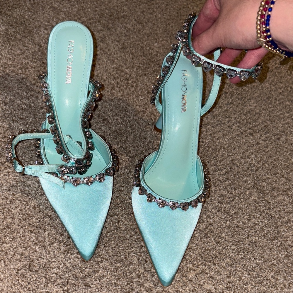 Fashion Nova Women's Aqua Embellished Heels